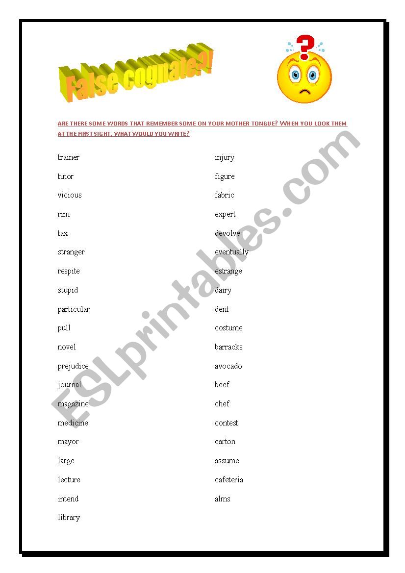 False Cognate worksheet