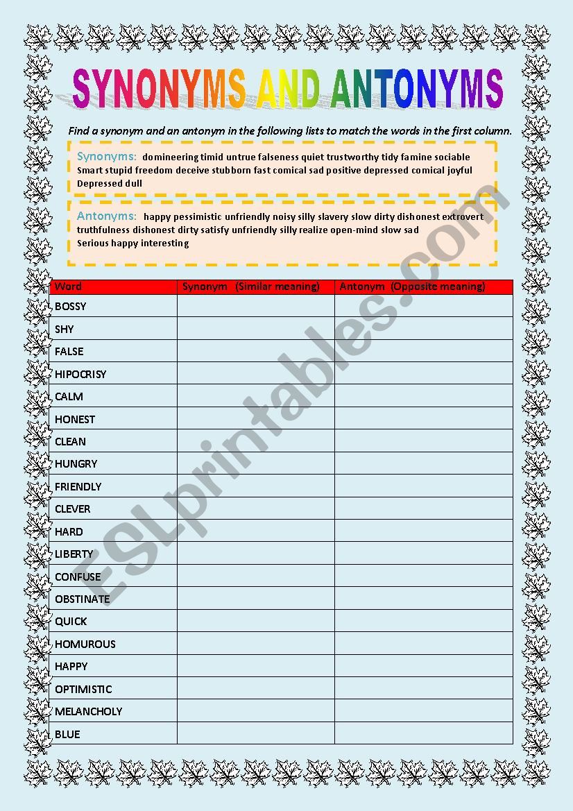 Synonyms And Antonyms Esl Worksheet By Lelany