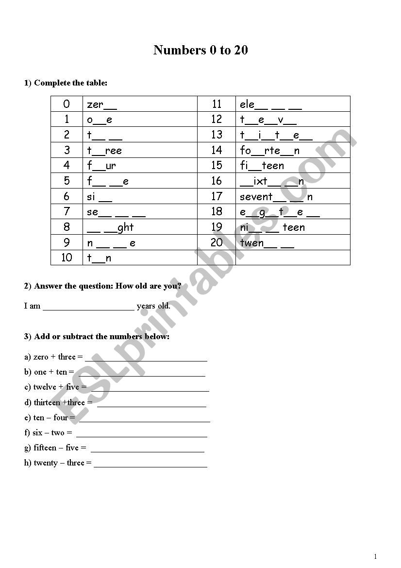 Numbers 0 to 20 worksheet