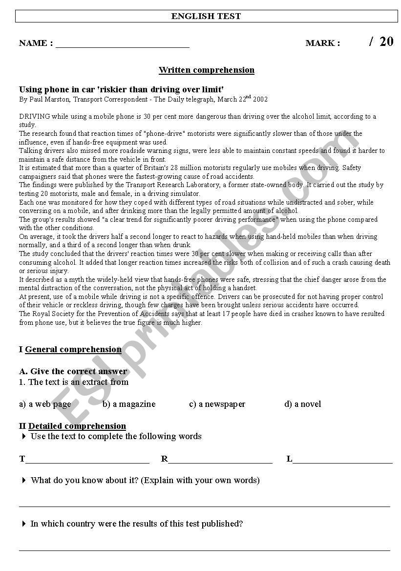 Written comprehension worksheet