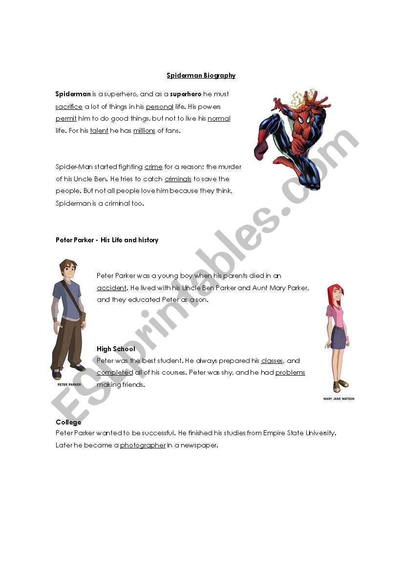 Spiderman Biography worksheet