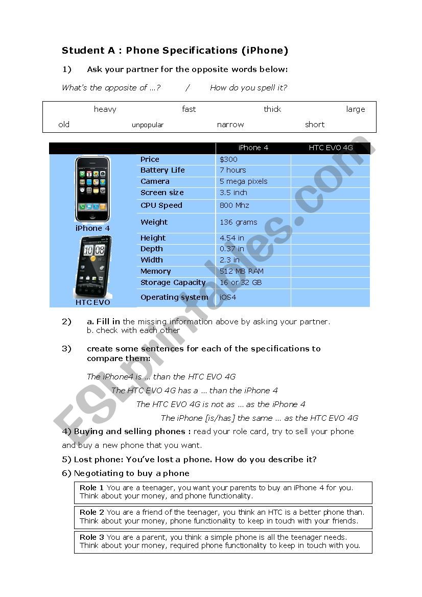iPhon and HTC information gap worksheet