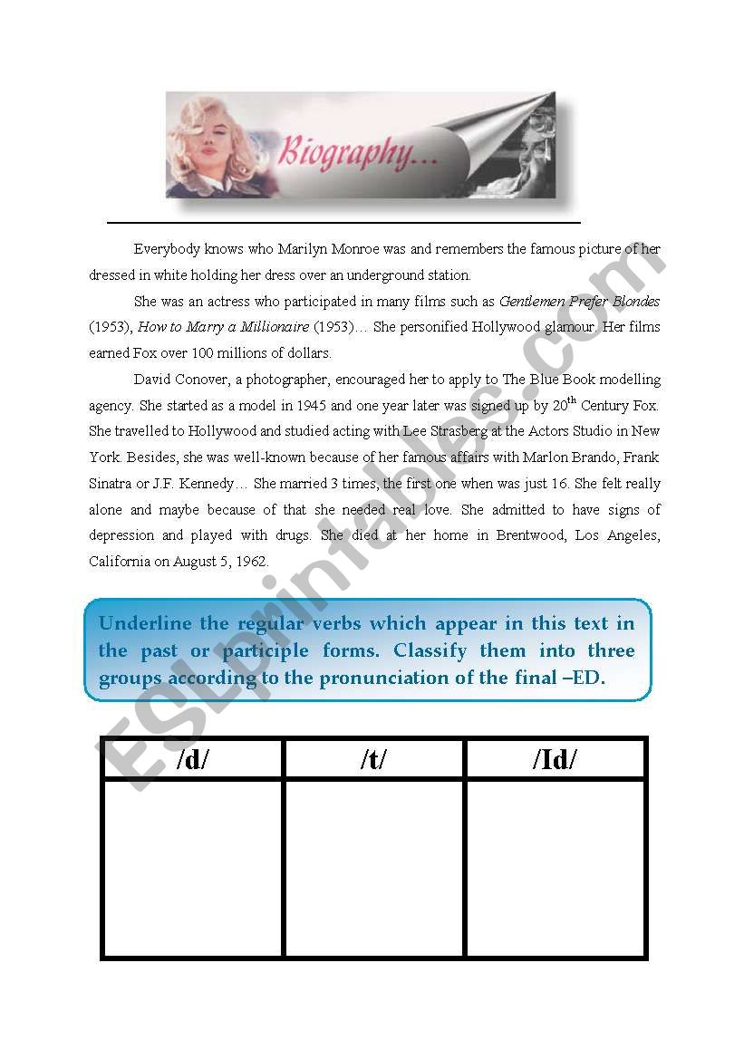 MARILYN MONROEÂ´S BIOGRAPHY (PHONETICS -ED)