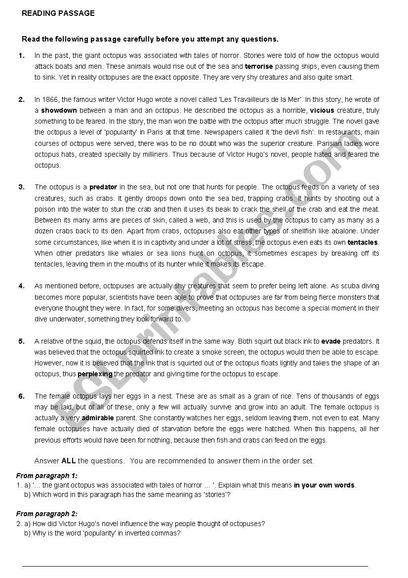 READING PASSAGE worksheet