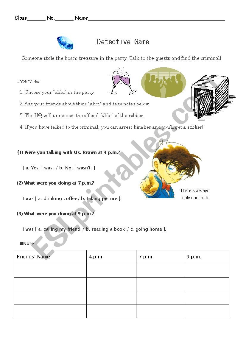 Detective Game worksheet