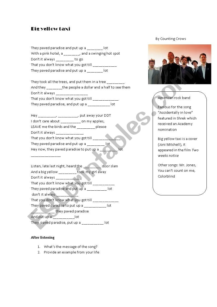 SONG Big yellow taxi worksheet