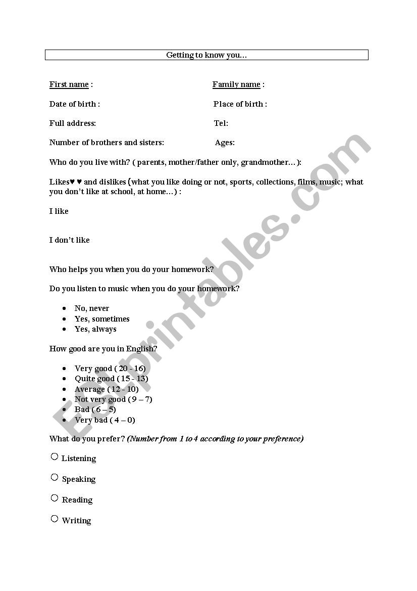 Getting to know you worksheet