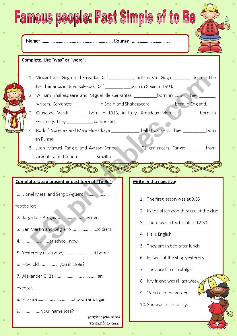 Past Tense Verb To Be worksheet