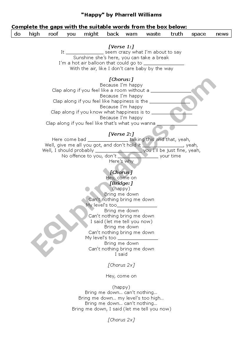 Happy by Pharrell Williams  worksheet