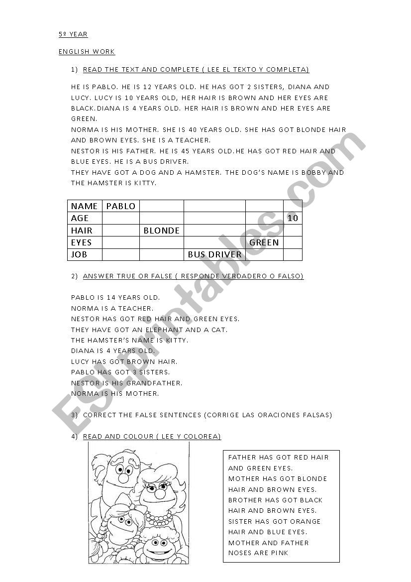 FAMILY DESCRIPTION worksheet