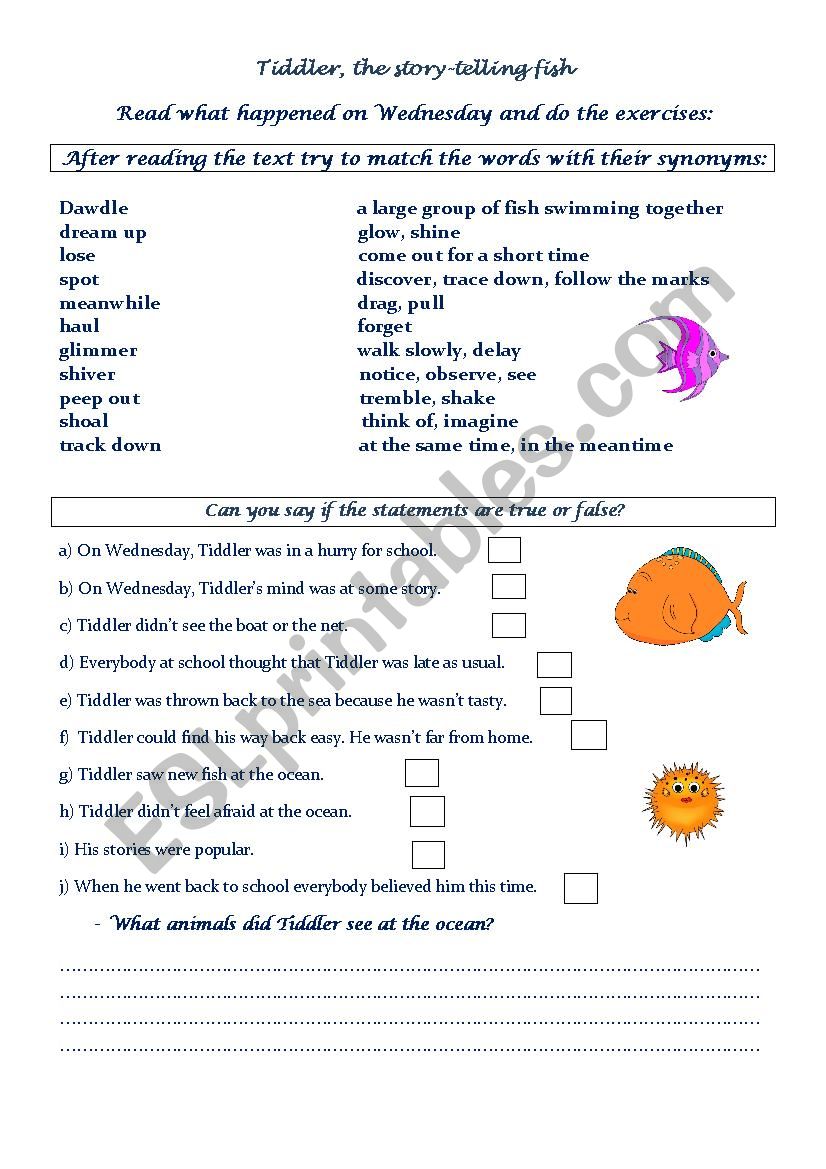 Tiddler-The story telling fish, by Julia Donaldson - ESL worksheet