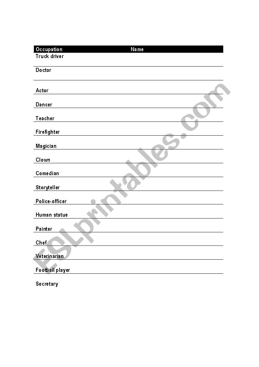 Occupations worksheet