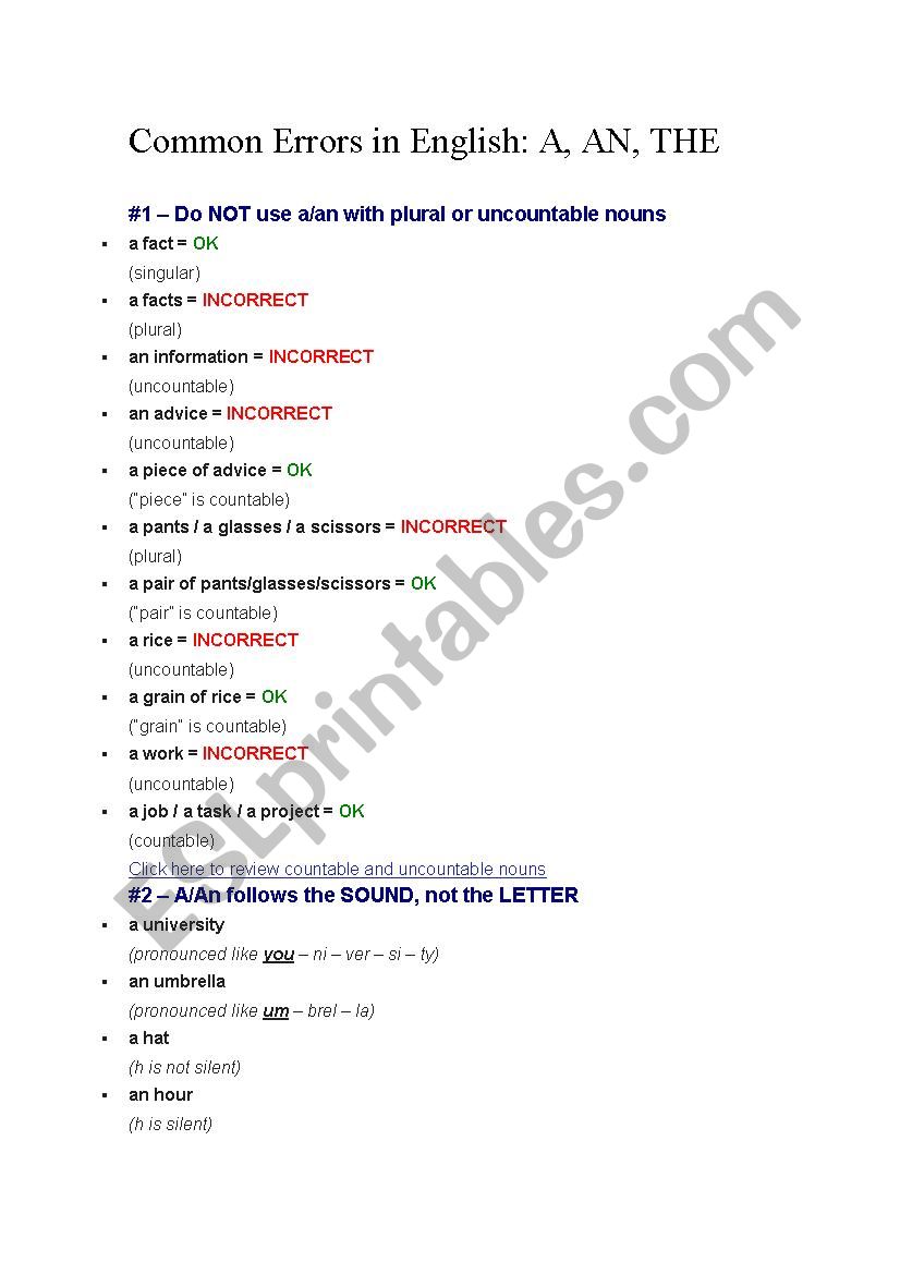 Most commo errors in English: A, An, The