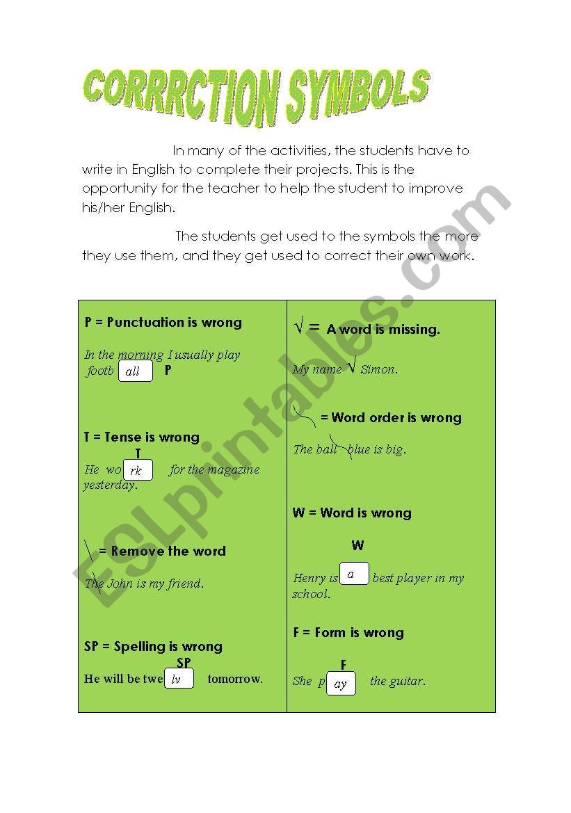 Correction Symbols worksheet