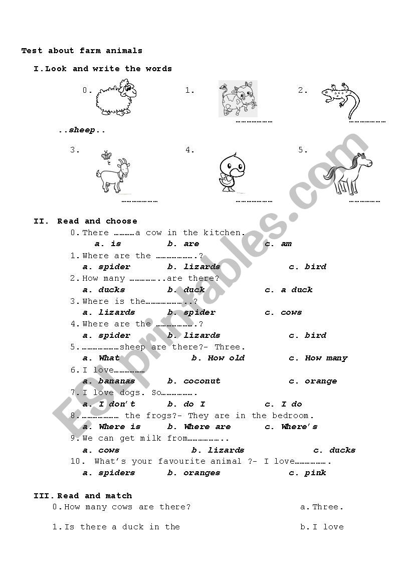 test about farm animals worksheet