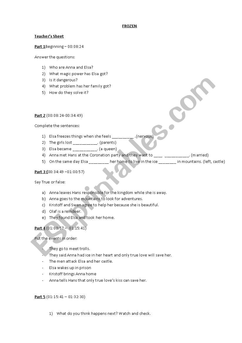 Frozen (animated movie, 2013) worksheet