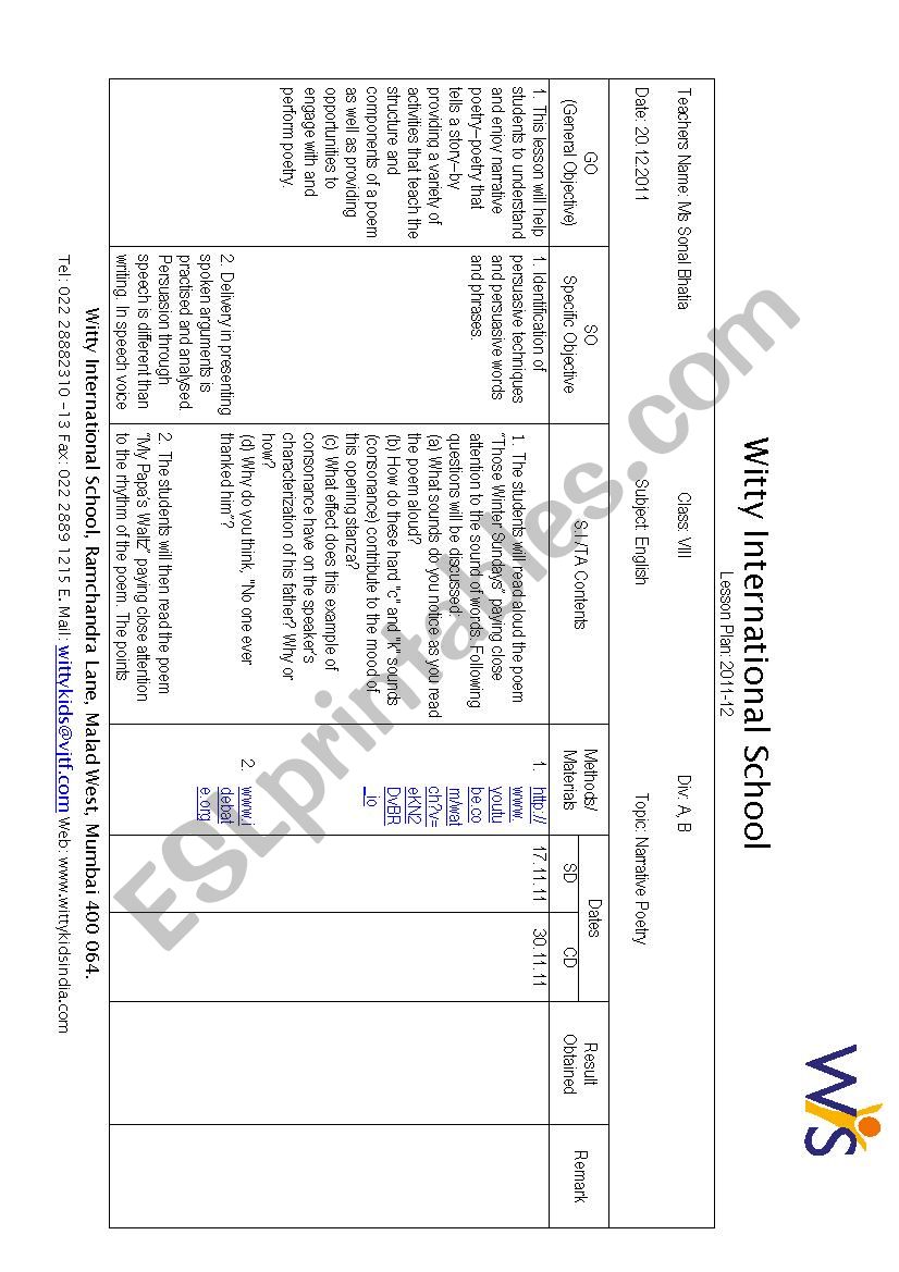 Lesson Plan for Narrative poetry