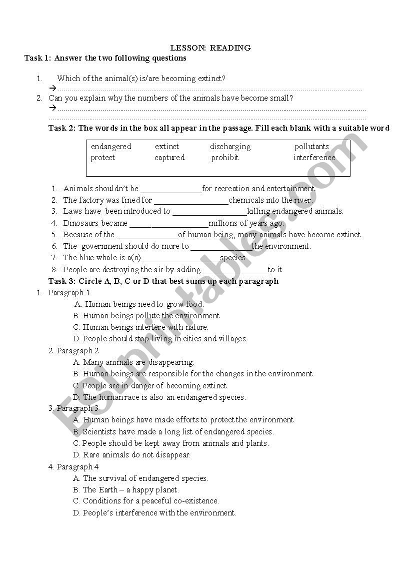 reading: nature in danger worksheet
