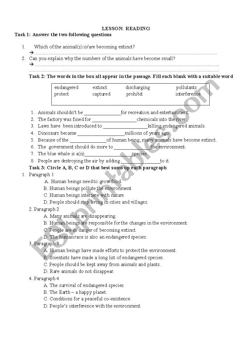 reading: nature in danger worksheet