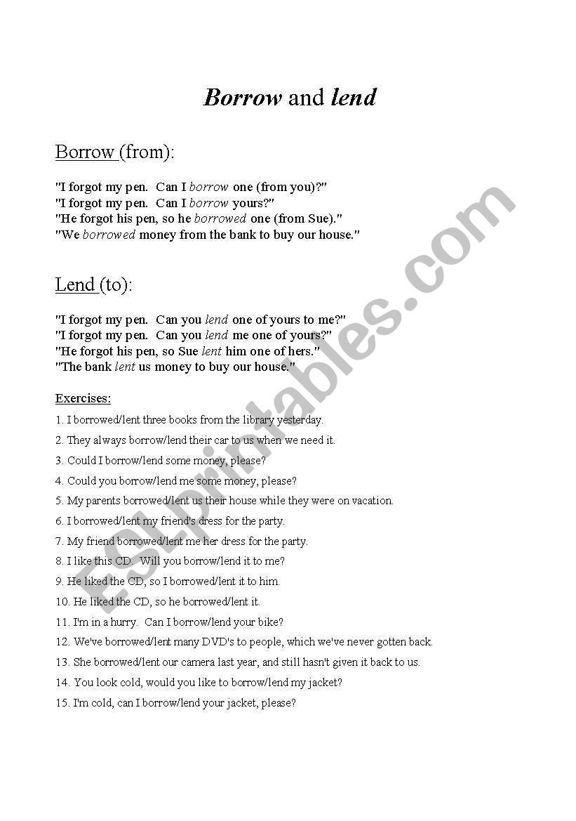 Borrow vs. Lend worksheet