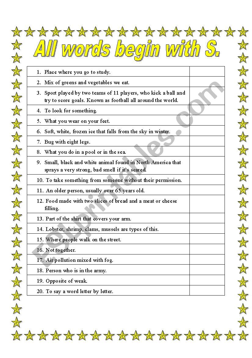 All words begin with S worksheet