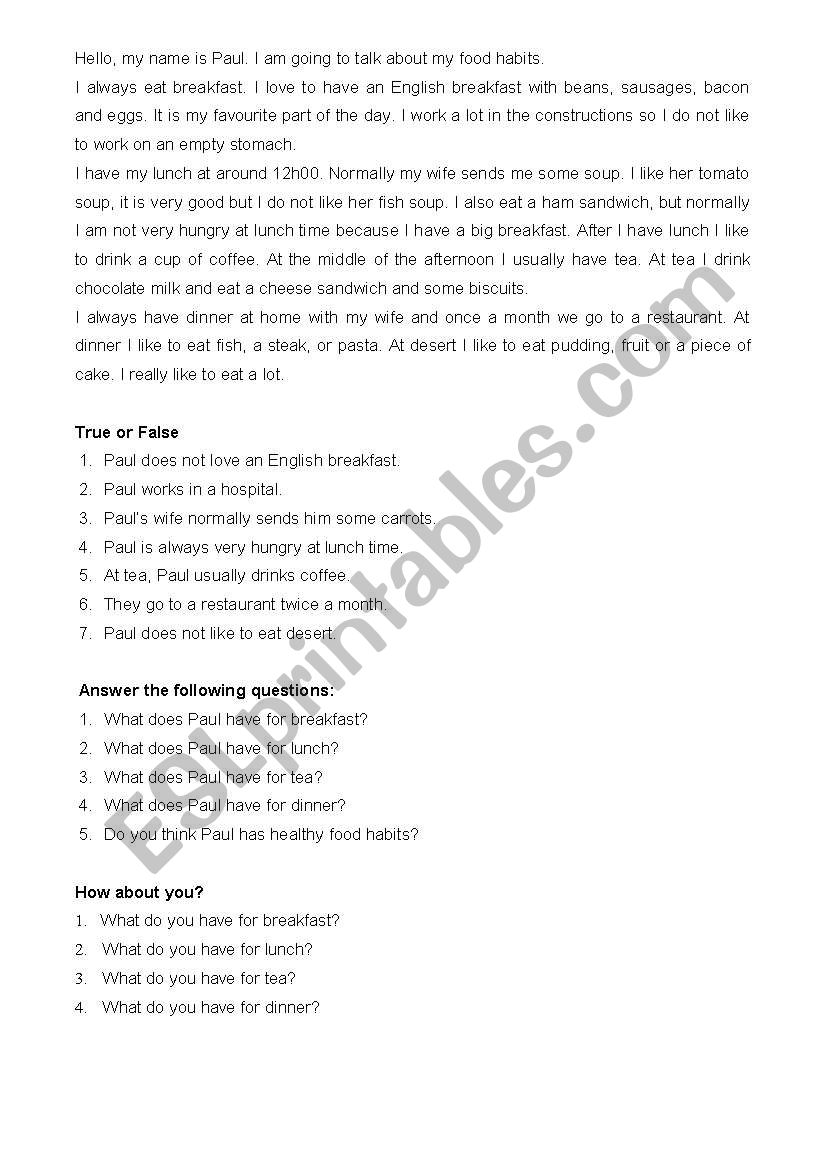 Meal vocabulary worksheet