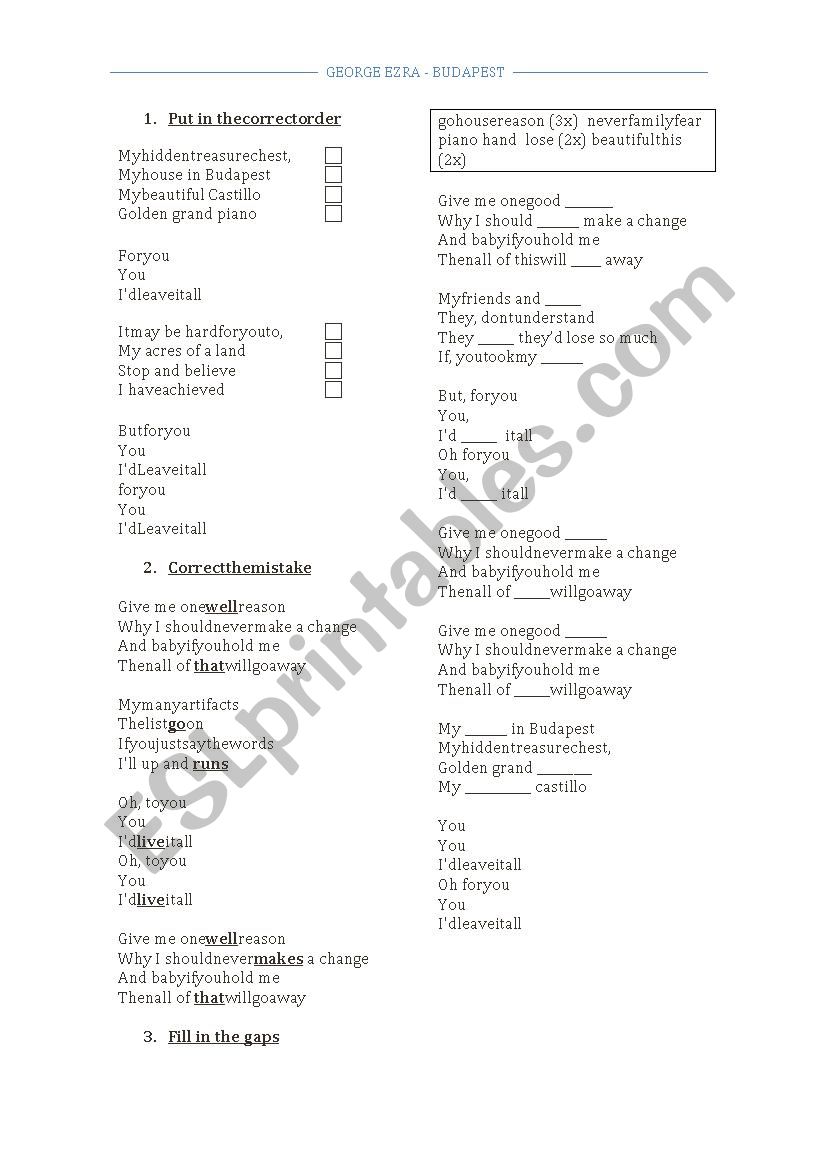 George Ezra Budapest worksheet