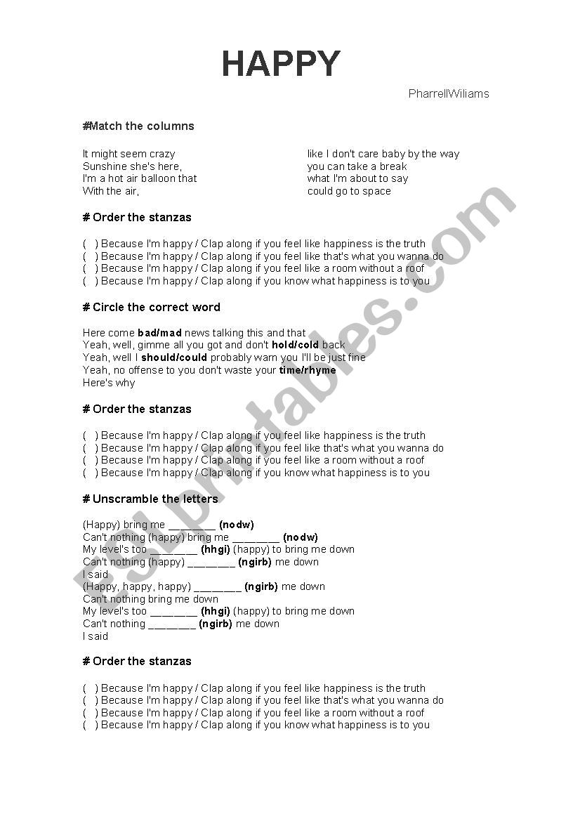 Happy - Pharell Williams worksheet