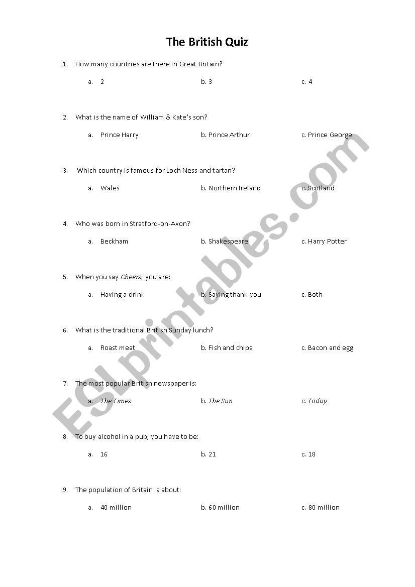British Quiz worksheet