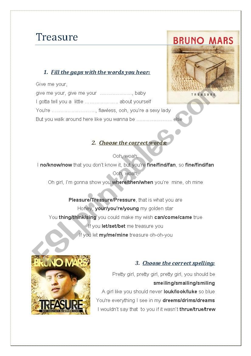 Song: Treasure - Bruno Mars worksheet