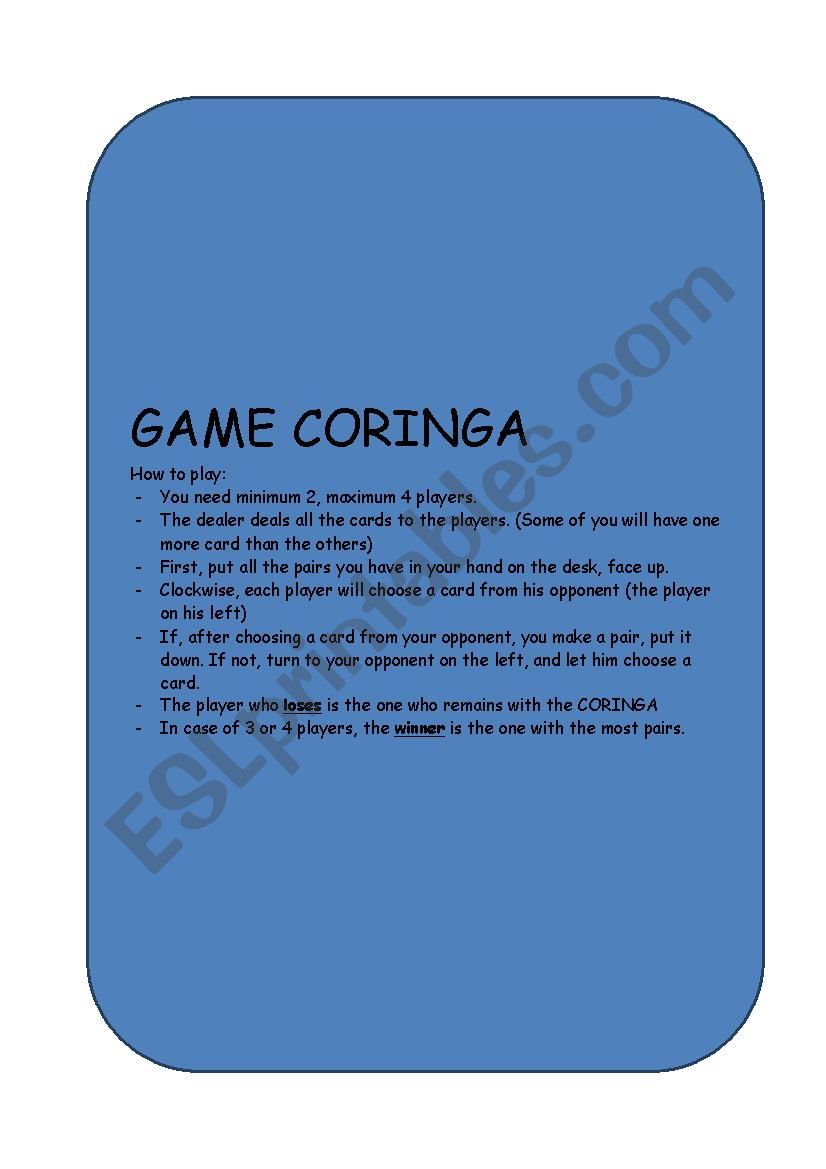 GAME CARTA CORINGA worksheet