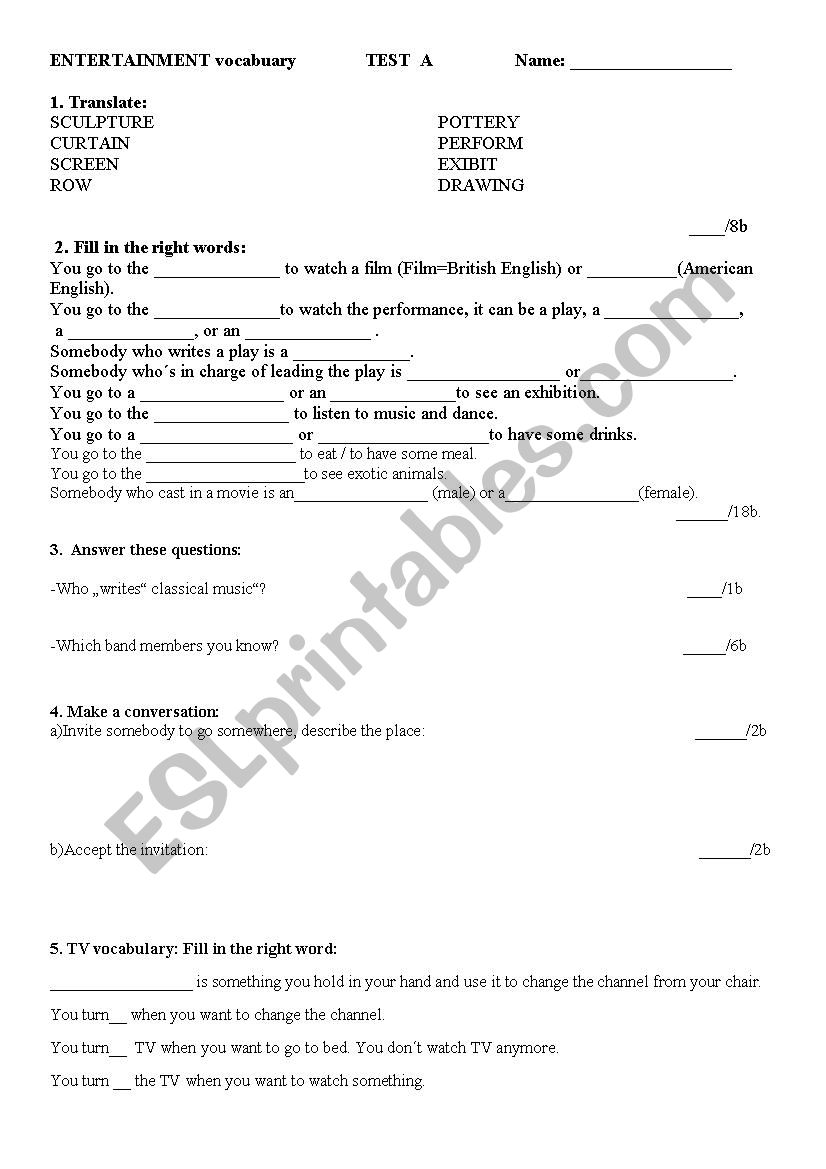 Entertainment vocabulary test A, B