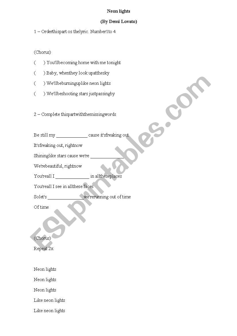 Neon Ligths music activity worksheet