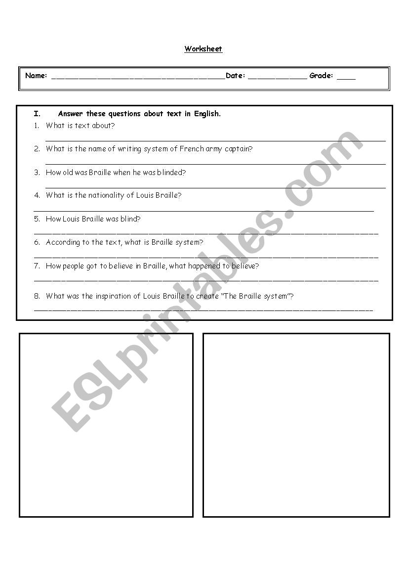 Blindness and Louis Braille worksheet