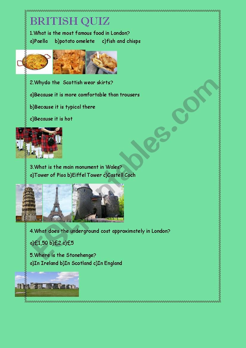 British quiz worksheet