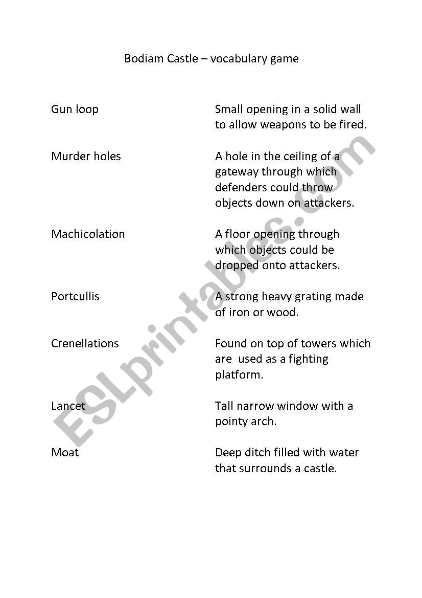 Castle vocubulary game worksheet