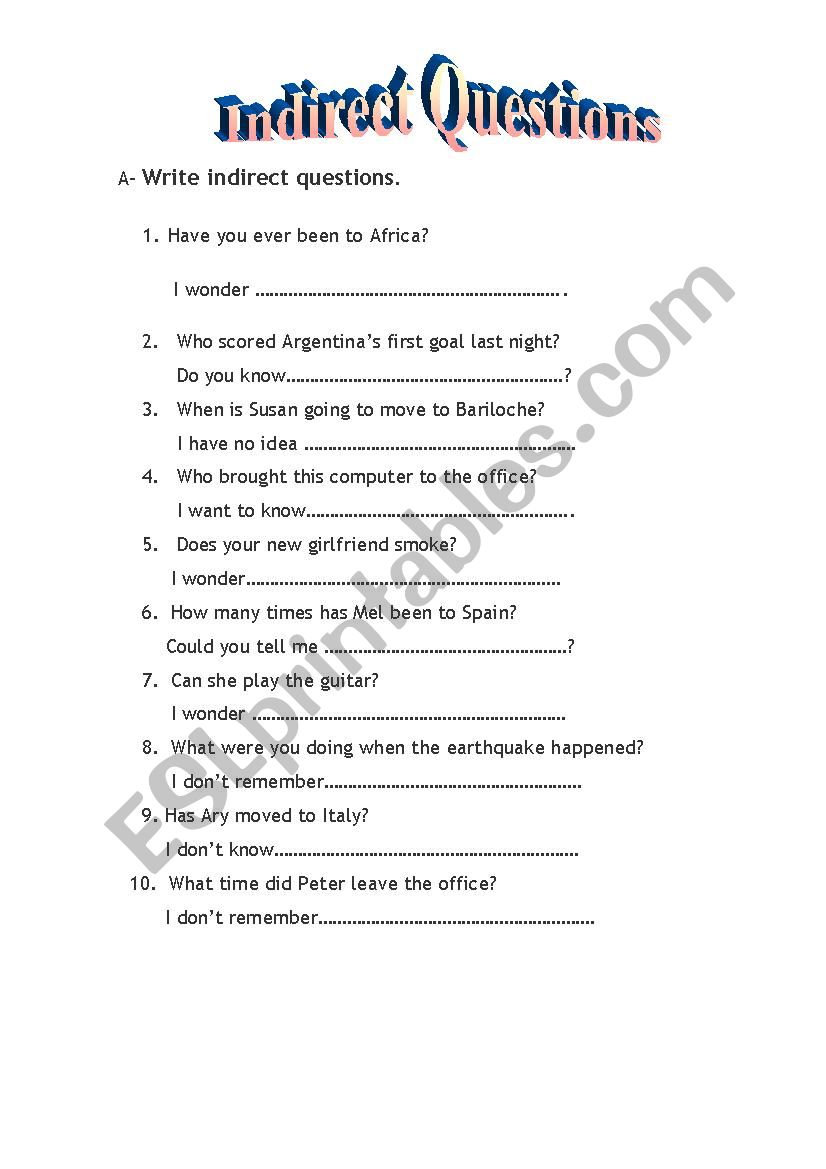 Indirect Questions worksheet