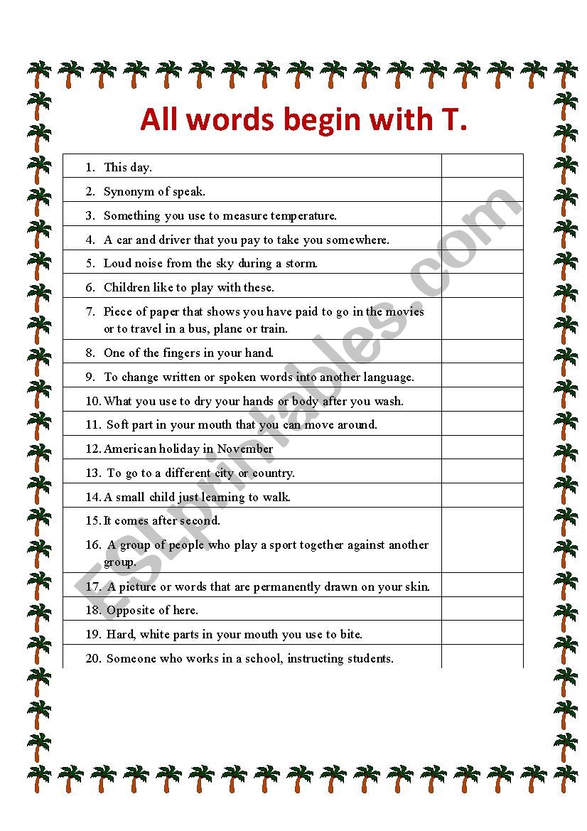 All words begin with T worksheet