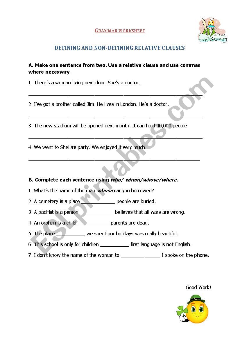 Defining and non defining relative clauses