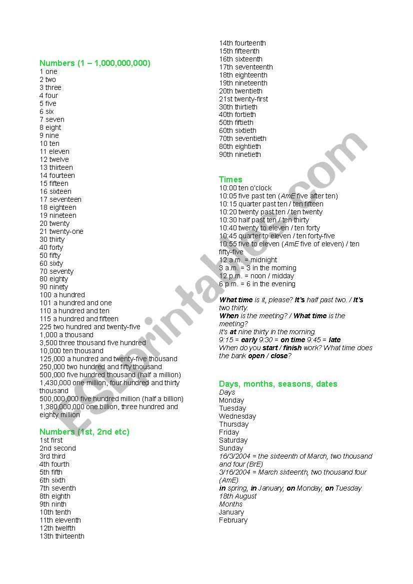 Numbers, Dates worksheet