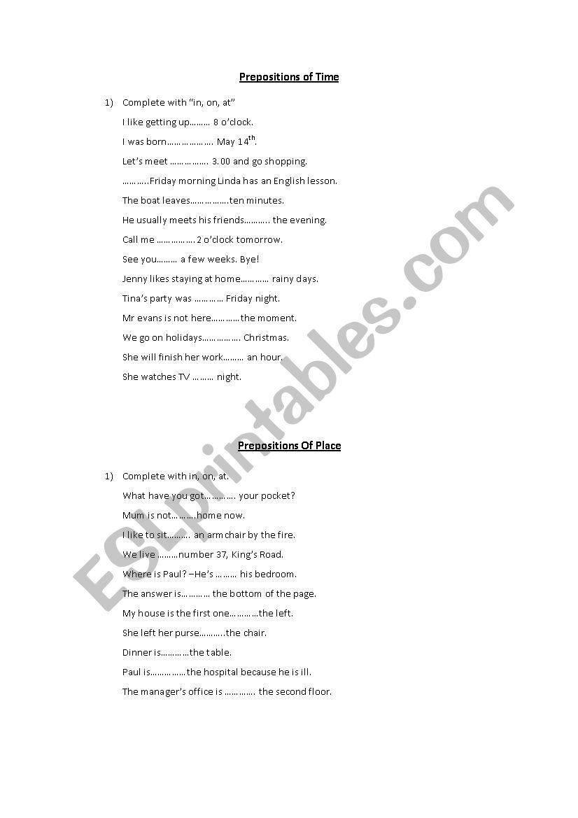 Prepositions of Time  worksheet