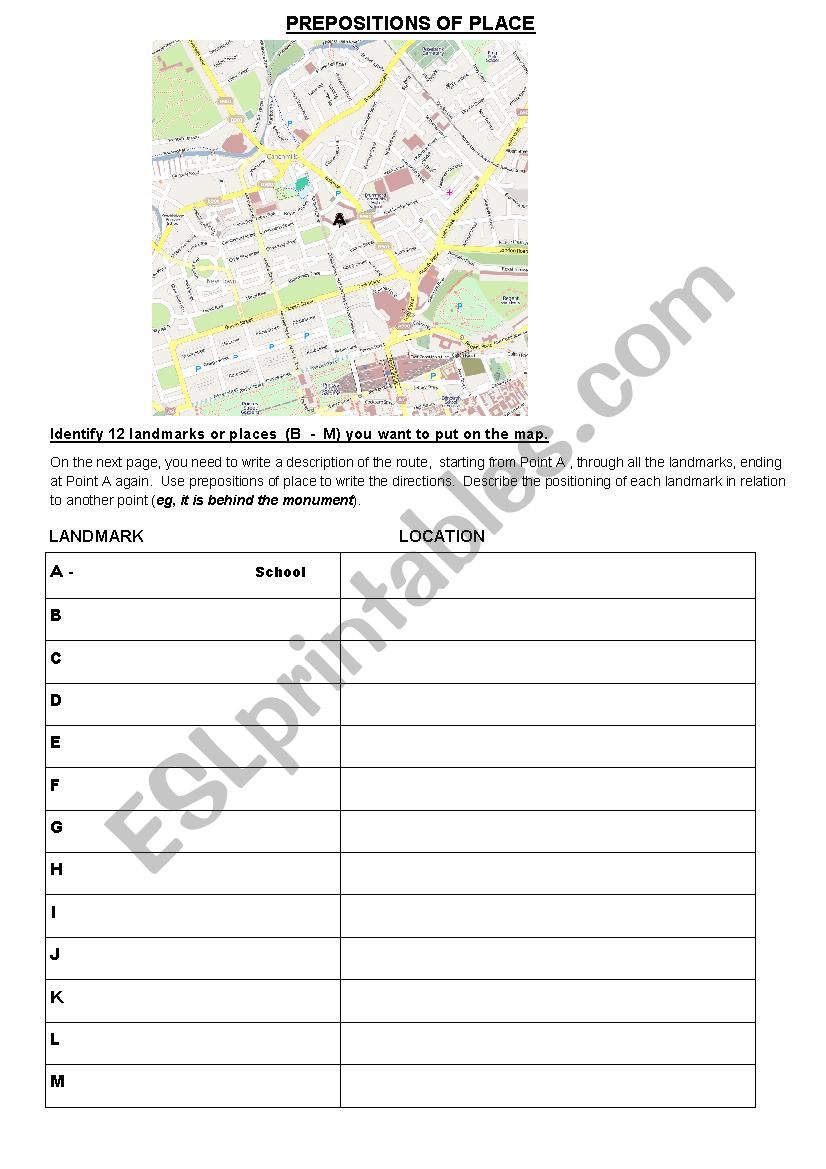 Prepositions of Place Walk worksheet