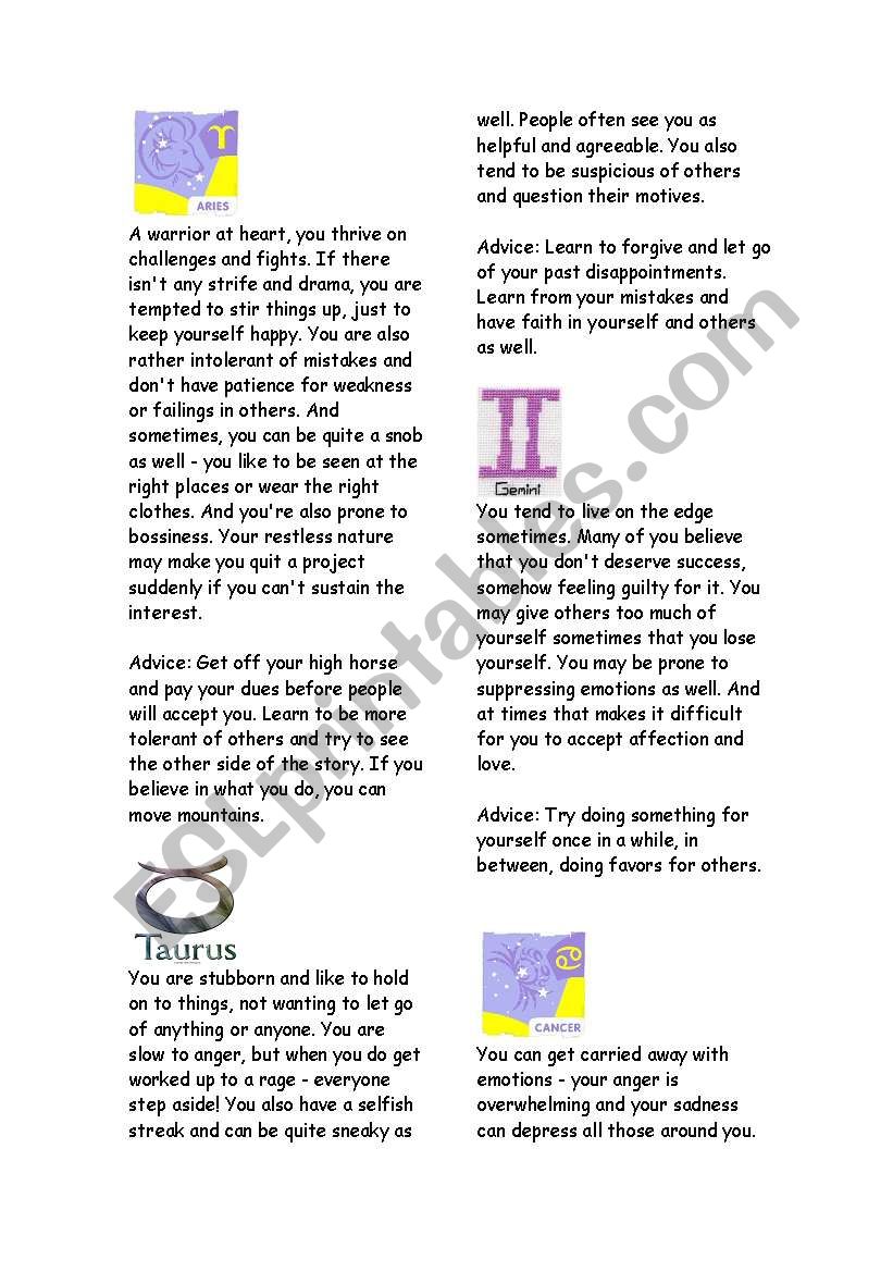 Horoscope 1 worksheet