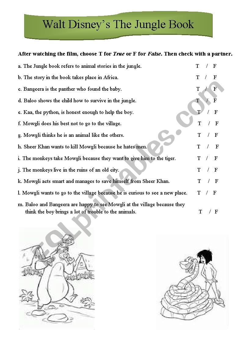 The Jungle book, Walt Disney, video worksheet