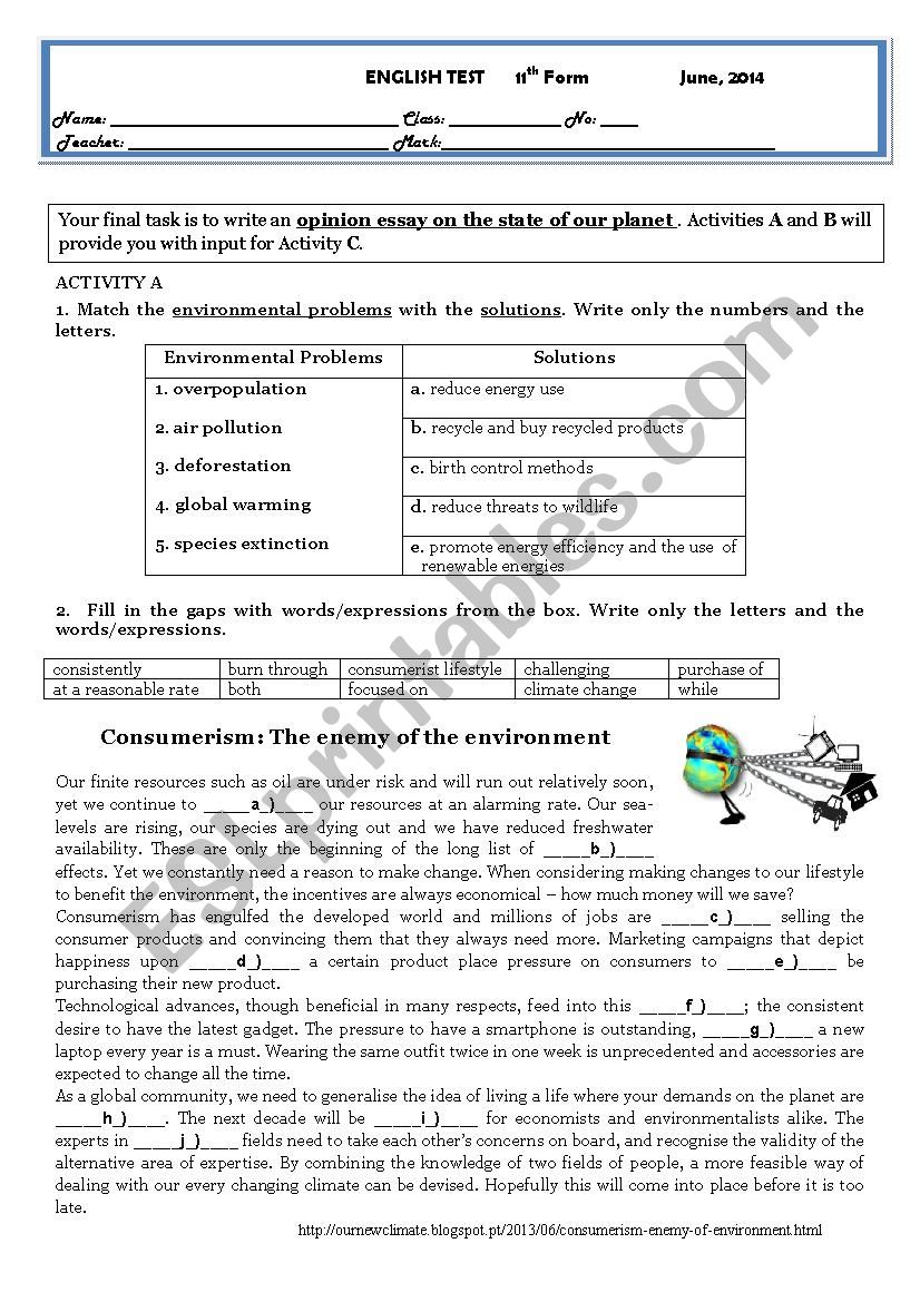 TEST-THE STATE OF OUR PLANET/ENVIRONMENTAL ISSUES