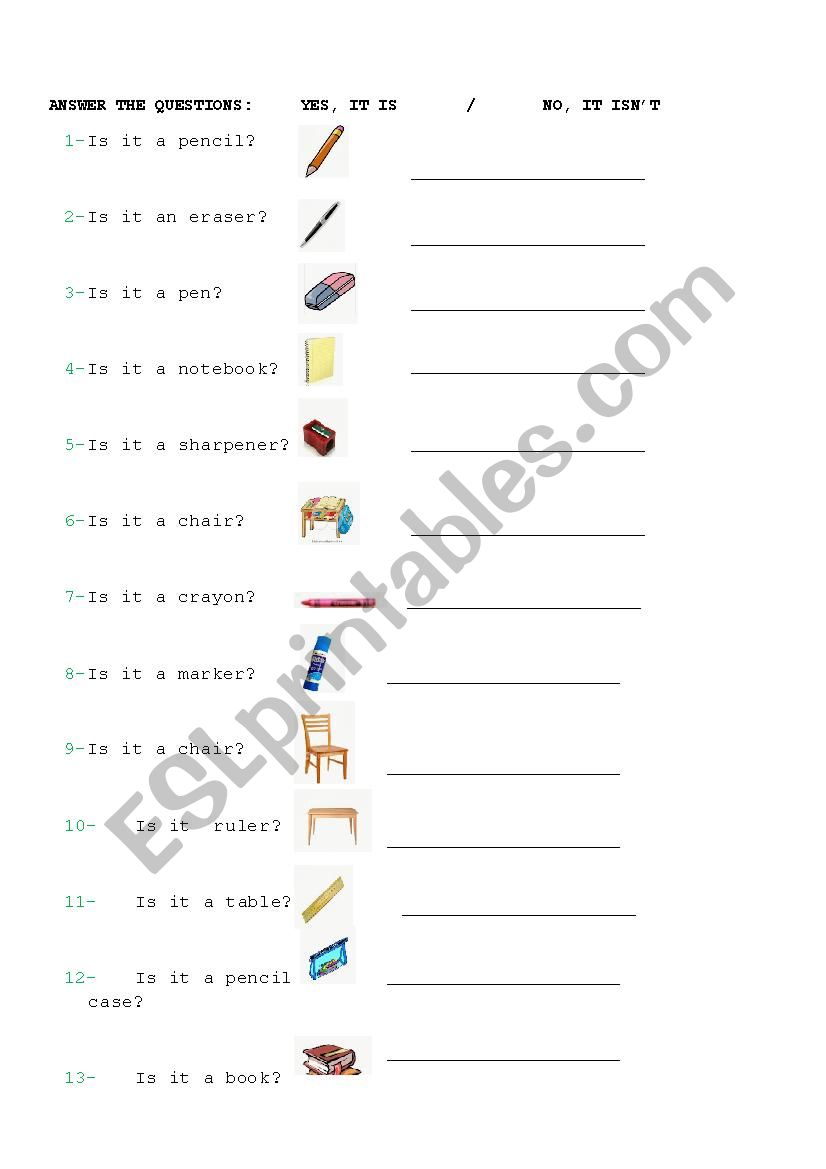 School objects worksheet