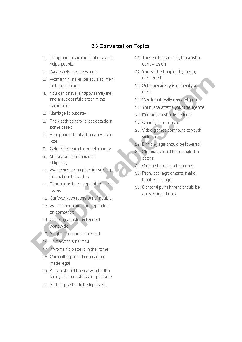 Conversation Topics worksheet