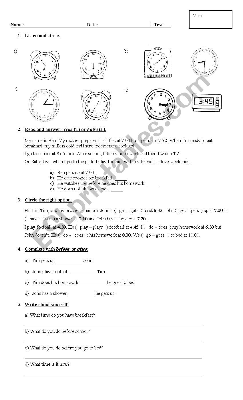 Revision test worksheet