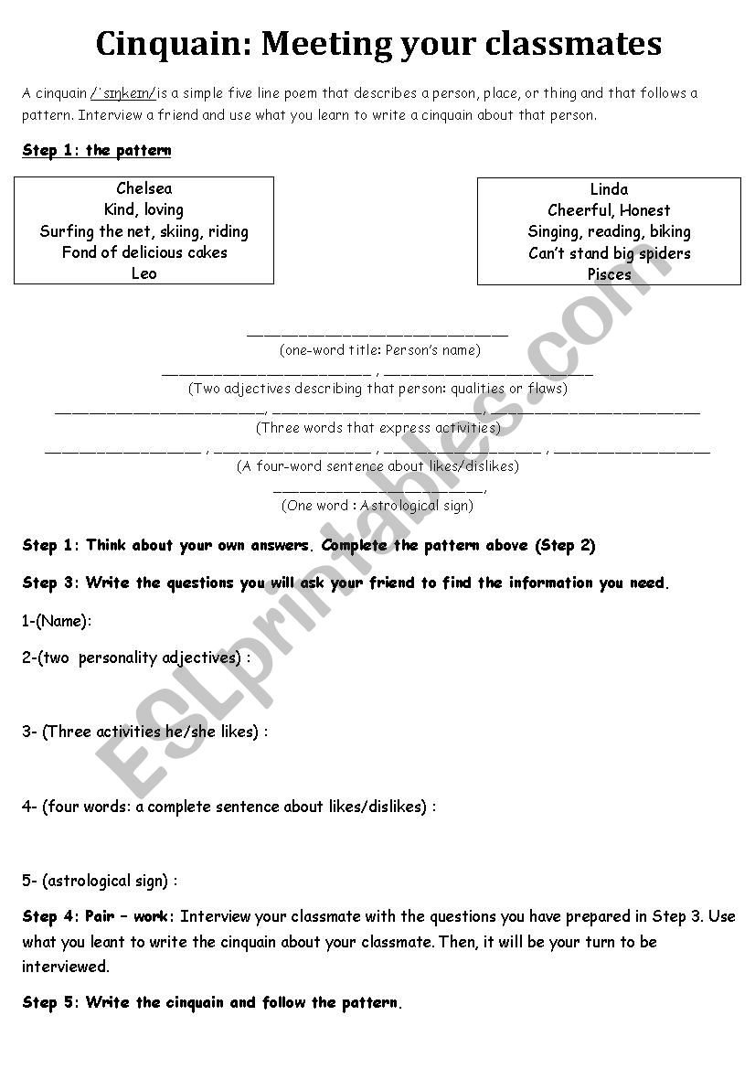 Cinquain worksheet