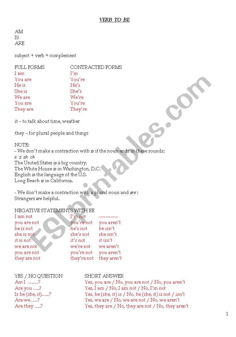 verb to be worksheet